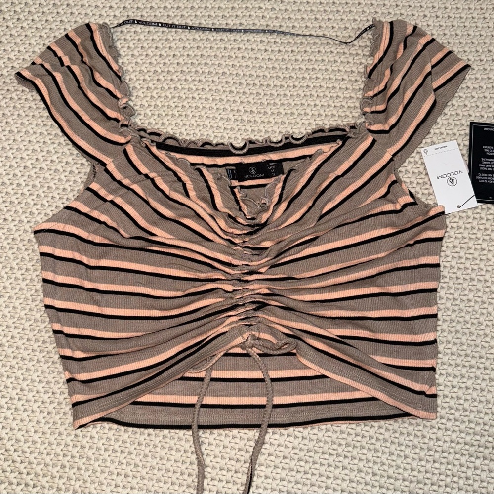 NWT Volcom Striped Ruched Crop Top Medium
